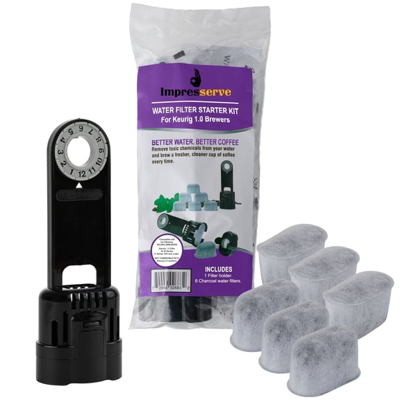 Impresserve Water Filter Starter Kit Replacement for Keurig 1.0 Brewers - 6 Pods & 1 Filter Holder in Sleek Black