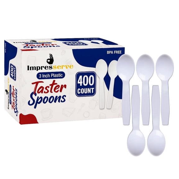 Impresserve White Plastic Taster Spoons, Heavy Duty Disposable Mini Sampling Spoons for Parties and Catering, 400 Count