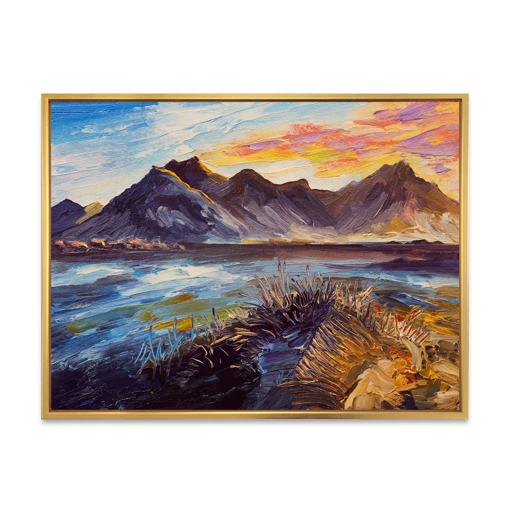 Impression Pink Sunset Over The Mountains By The Sea 32 in x 16 in Framed Painting Canvas Art Print, by Designart