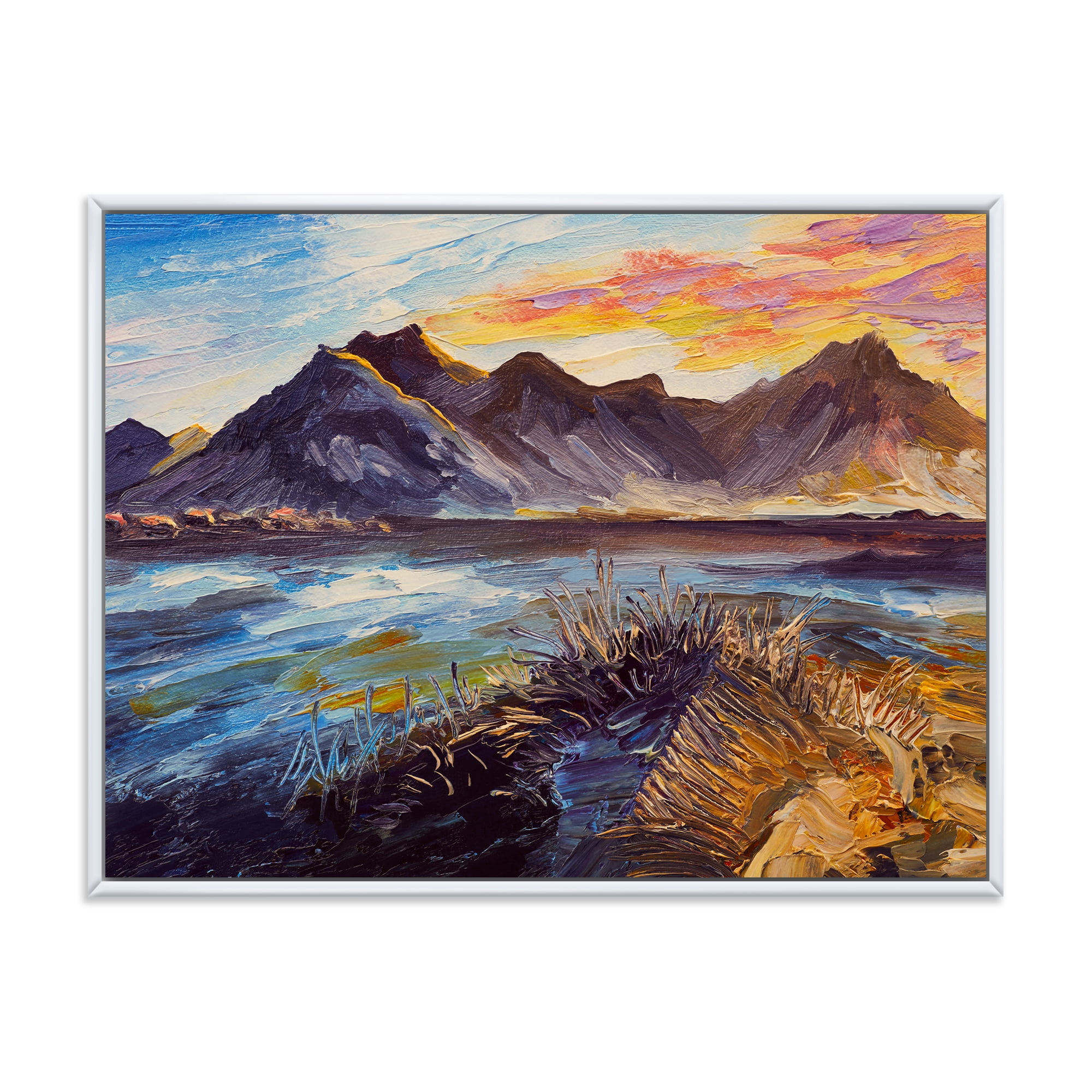 Impression Pink Sunset Over The Mountains By The Sea 32 in x 24 in Framed Painting Canvas Art Print, by Designart