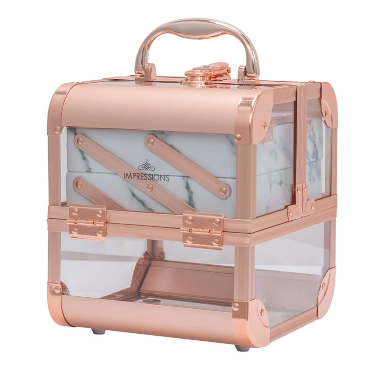 Impression Vanity Savvy Slaycube Makeup Travel Case with Crystal Clear Panels, Compact Makeup Organizer with Flip Top Mirror and 2 Extendable Trays