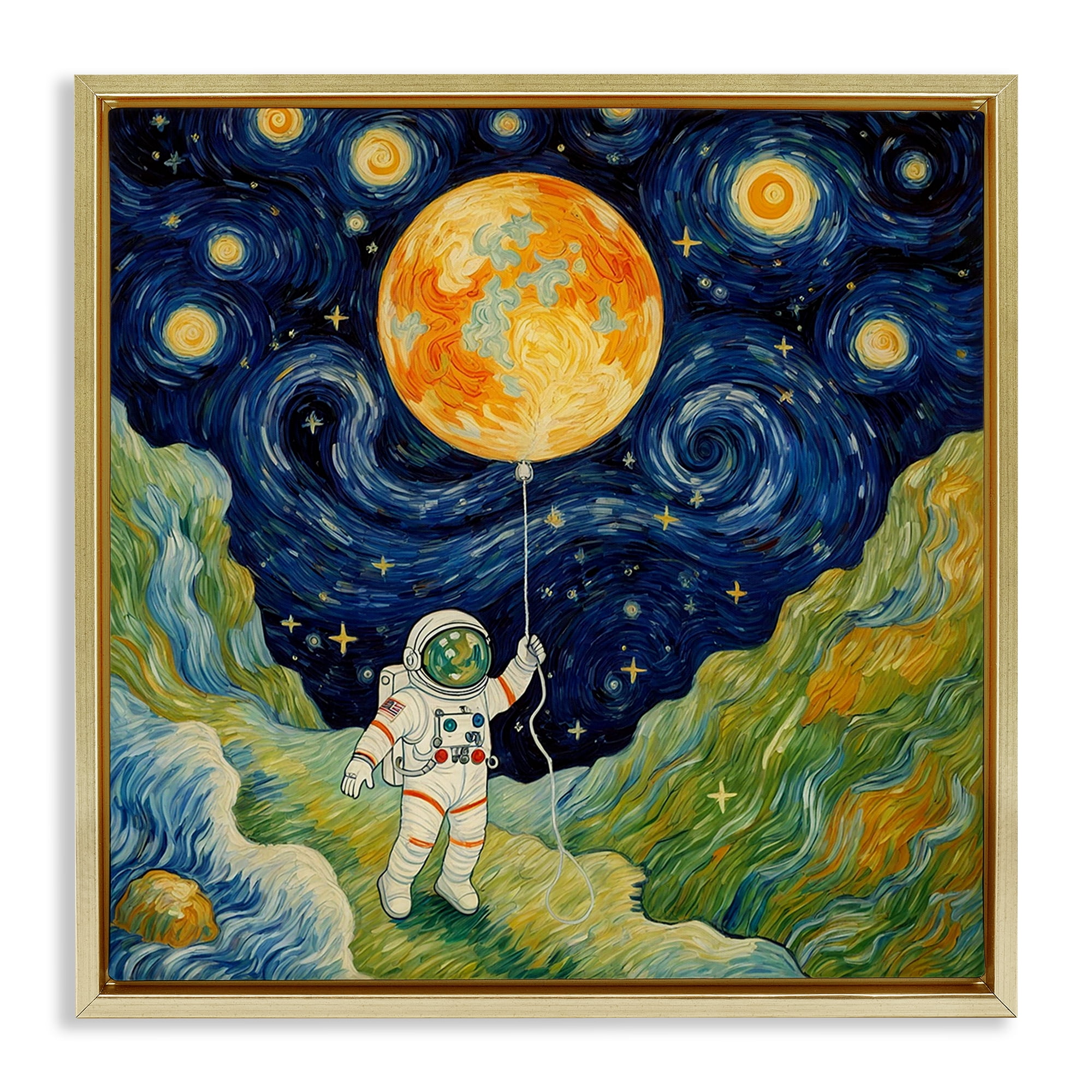 Impressionist Astronaut in Space Gold Framed Floater Canvas Wall Art, design by Angie Hawke