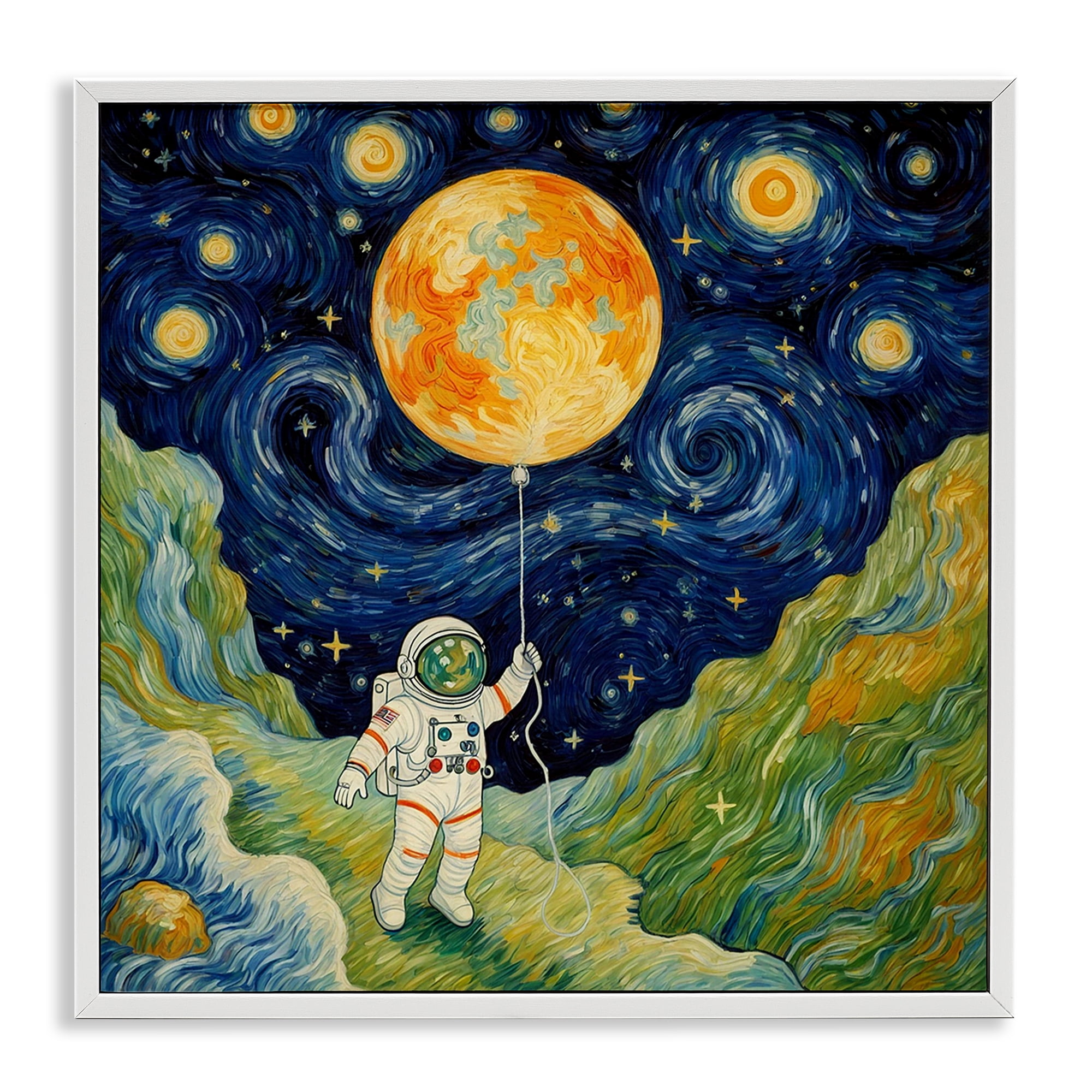 Impressionist Astronaut in Space White Framed Giclee Art, design by Angie Hawke