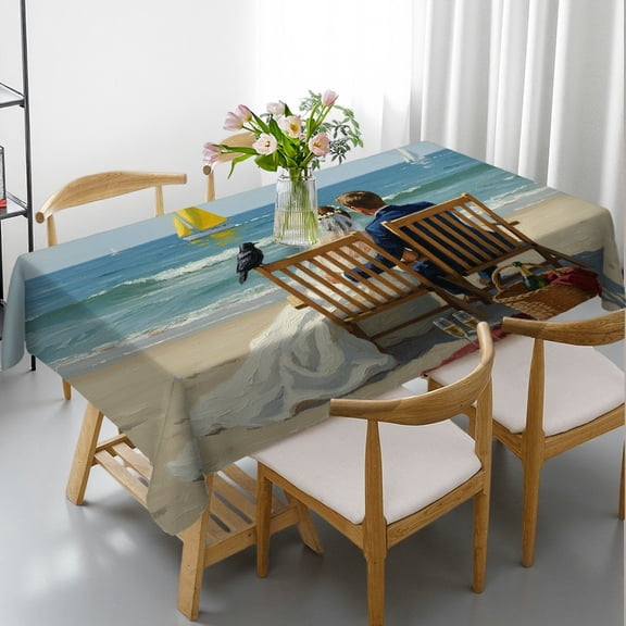 Impressionist Beach Romance Tablecloths rectangle tables large size, Festive Table Setting - 2D Flat Printing Rectangular Tablecloth, Cafe, dinner, brunch, buffet, picnic