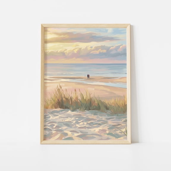 Impressionist Beach Sunset Couple Walking on Sandy Dunes Coastal Ocean Landscape View, Unframed Canvas