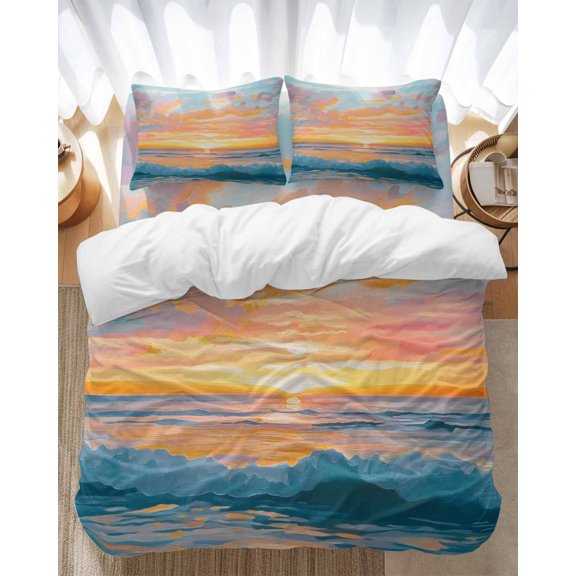 Impressionist Bedding Duvet Cover Set Full Size 4 Pieces Abstract Marine Beach Sunset Oil Painting Bedding Set with Zipper Closure, 1 Comforter Cover 86x86 Inches 1 Flat Sheet & 2 Pillow Cases