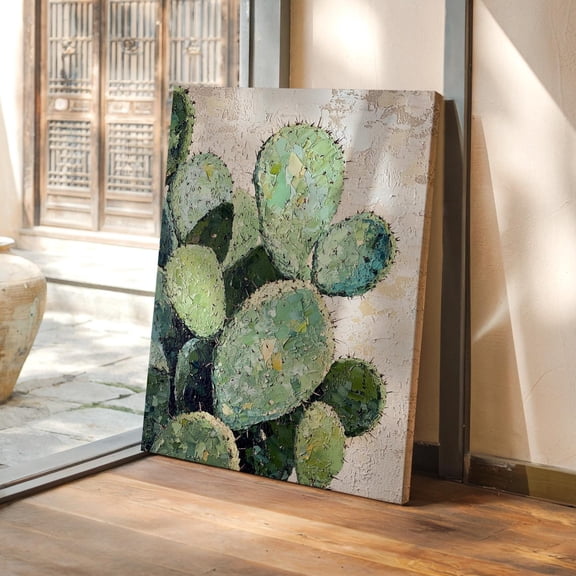 Impressionist Cactus Painting Featuring Prickly Pear PadsShades Of Green Against A Neutral Southwest Desert Background Wall Art Modern Wall Decor