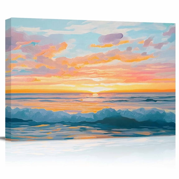 Impressionist Canvas Print Wall Art Abstract Marine Beach Sunset Oil Painting Pictures Painting Morden Artwork for Living Room Bedroom, Ready to Hang - 12"x16"