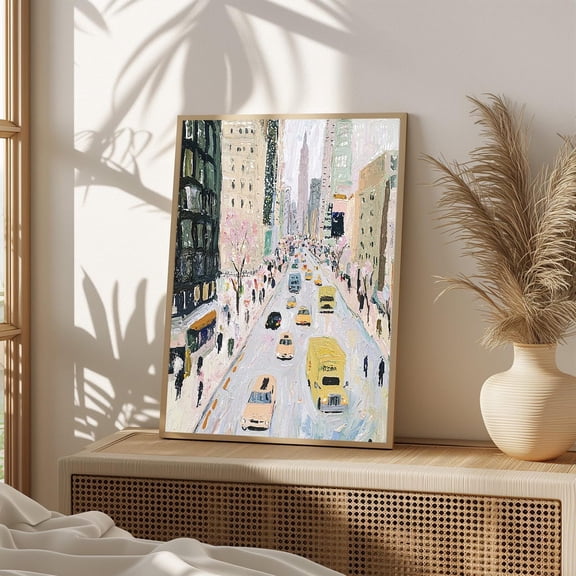 Impressionist City Street Art Print Poster Urban Winter Scene, New York Skyline , Snowy Cityscape, Modern Office Decor, 1069, Size 8x12 UNFFRAMED F03.1.6l2350