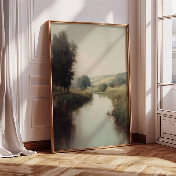 Impressionist Countryside River Landscape Muted Nature Art, Unframed Paper Poster 16x20in