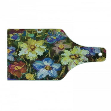 Impressionist Cutting Board, Spring Themed Close up Oil Painting Colorful Flower Field Print, Decorative Tempered Glass Cutting and Serving Board, in 3 Sizes, by Ambesonne