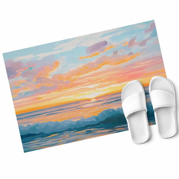 Impressionist Door Mat Abstract Marine Beach Sunset Oil Painting Non Slip Absorbent Entrance Mat Washable Low Profile Indoor Doormat for Front Door Entryway Entry 16"x24"