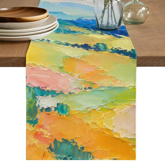 Impressionist Field Art Table Runner, Blooming Wildflower Fields Oil Painting Cotton Linen Table Cloth, Tablerunner for Kitchen Dining Party Wedding Home Decor 13x36 Inch