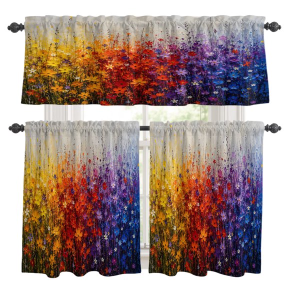 Impressionist Field Kitchen Curtains Valances 3 Piece Set, Vivid Yellow Red Purple Flower Blooms Rustic Rod Pocket Tier Curtain and Valance Drapes for Small Window 36 Inch Length for Bedroom Cafe