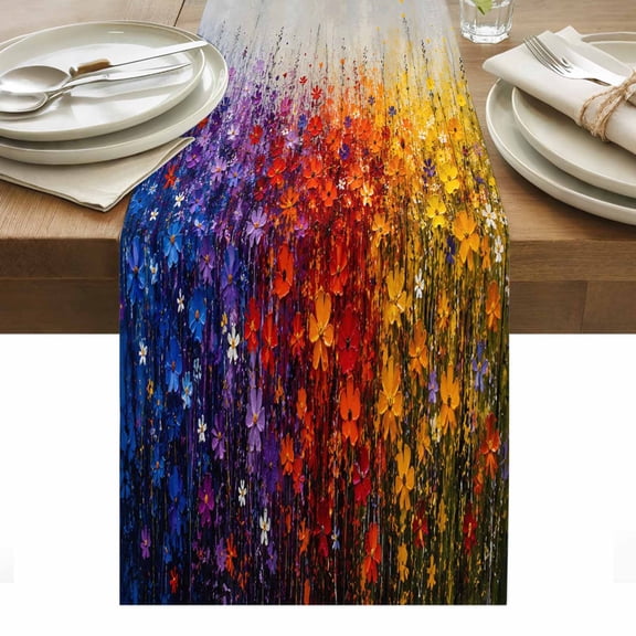 Impressionist Field Table Runner, Vivid Yellow Red Purple Flower Blooms Rustic Washable Kitchen Table Runners Dress Scarves for Dining Table Decorations Party/Restaurant/Indoor Outdoor Use, 13x36in