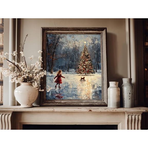 Impressionist Girl Ice Skating With Her Cat Poster, Whimsicalwall Decor, Home Decor, Ice Skating Print,, F078, Unframed Poster Size 12x18
