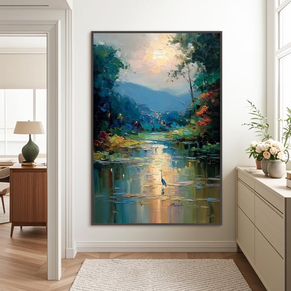 Impressionist Heron River Painting, Textured Impasto Lake Scene, Blue Green Nature Wall Art Poster , Poster Print Only