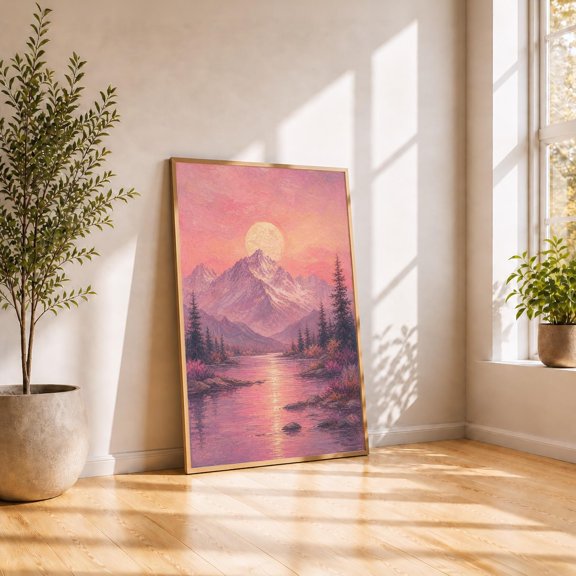 Impressionist Mountain Sunset Pink Lake Art