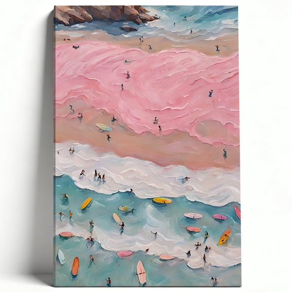 Impressionist Pink and Blue Ocean Beach Surfing Canvas Wall Art Textured Coastal Wave Painting Summer Landscape Living Room Decor Print Ready to Hang 8*12