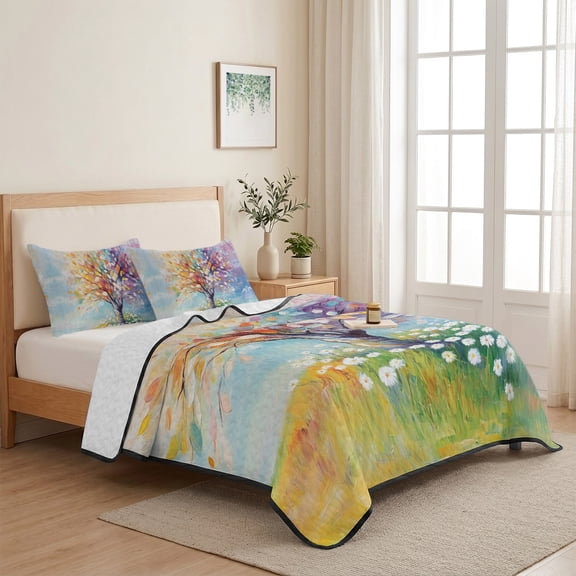 Impressionist Rainbow Tree with Daisies 3 Pieces Quilt Set,1 Quilt with 2 Shams,Pastel Landscape Bedspread Soft Lightweight Bedding Coverlet Comforter Set for All Season 68"x98"