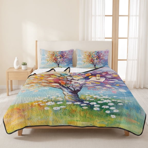 Impressionist Rainbow Tree with Daisies 3 Pieces Quilt Set,1 Quilt with 2 Shams,Pastel Landscape Bedspread Soft Lightweight Bedding Coverlet Comforter Set for All Season 96"x106"