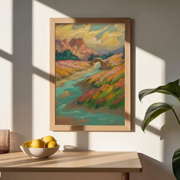 Impressionist River Flower Field Landscape Wall Art Poster, Unframed Paper Poster 8x10in