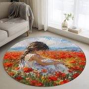 Impressionist Romance 3ft Area Rug, Girl Red Poppies Flowers Oil Paint Washable Non-Slip Small Round Rugs for Entryway Bedroom Kitchen, Soft Circle Carpet for Dining Room, Playroom Nursery Rug