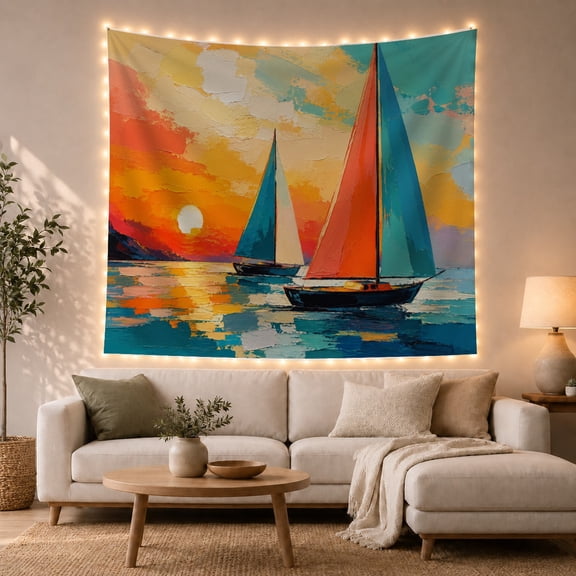 Impressionist Sailboats at Sunset Over Tranquil Sea, Serene Painterly Scene for Beach Lovers, Coastal Wall Art, Housewarming Gift Tapestry Wall Hanging for Bedroom, Living Room and Dorm