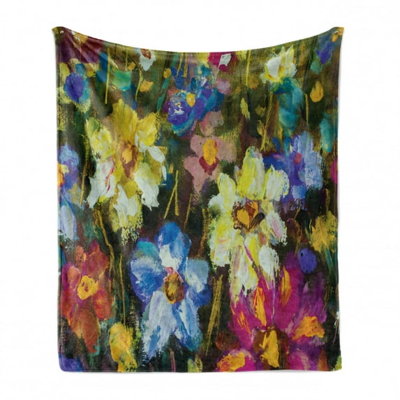 Impressionist Soft Flannel Fleece Throw Blanket, Spring Themed Close up Oil Painting Colorful Flower Field Print, Cozy Plush for Indoor and Outdoor Use, 50" x 60", Multicolor, by Ambesonne