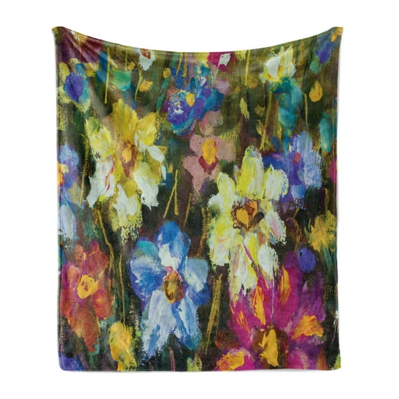 Impressionist Soft Flannel Fleece Throw Blanket, Spring Themed Close up Oil Painting Colorful Flower Field Print, Cozy Plush for Indoor and Outdoor Use, 50" x 70", Multicolor, by Ambesonne