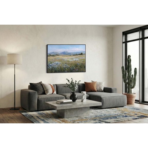 Impressionist Spring Meadow And Distant Mountains Wall Art Unframed Paper Print