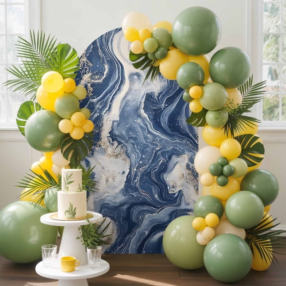 Impressionist Style Arch Backdrop Cover, 5FT, Gray Blue Swirling Line Spandex Arch Covers Double-Sided Backdrop for Wedding Birthday Party Photo Background Decoration