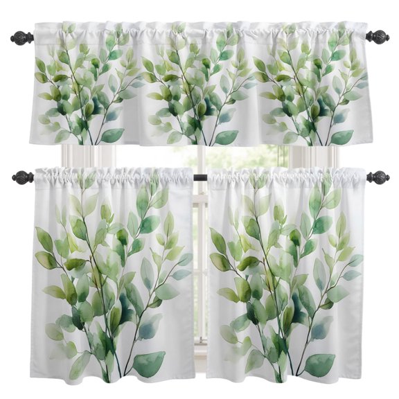 Impressionist Style Kitchen Curtains Set for Windows, Modern Style Green Breach Curtains Valance and Tier 3 Piece Set Small Drapes 24 Inch Length for Kitchen Bedroom Decor
