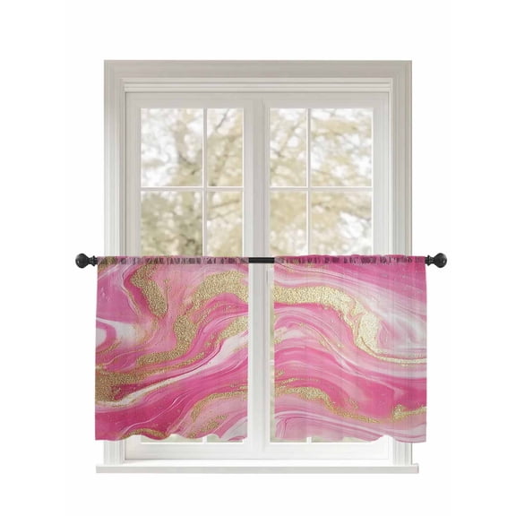 Impressionist Style Sheer Curtains 45 Inch Long 2 Panels, Abstract Pink Gold Gradient Light Filtering Rod Pocket Semi Sheer Curtains, Sheer Voile Drapes for Living Room Bedroom, 52"x45"