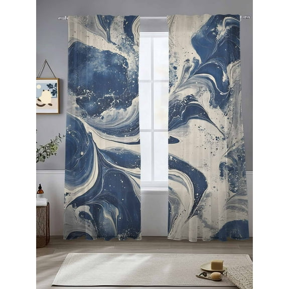 Impressionist Style Sheer Curtains 96 Inches Long 2 Panels Blue Gray Swirling Line Light Filtering Semi Sheer Window Curtains Drapes for Bedroom Living Room 52"x96"
