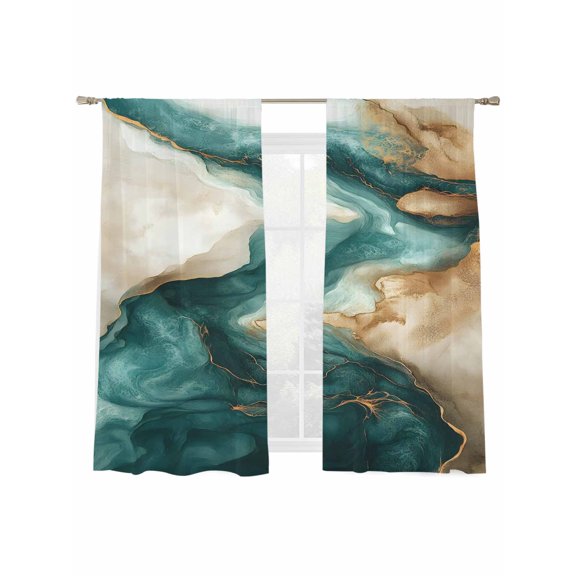 Impressionist Style Sheer Curtains for Living Room Bedroom, Light-filtering Sheer Curtain, Modern Green Brown Water Ripple Rod Pocket Voile Window Treatment Drapes, 52’’Wx63’’L, 2 Panels Set