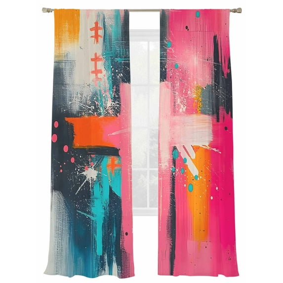 Impressionist Style Sheer Curtains for Living Room Bedroom, Light-filtering Sheer Curtain, Pink Blue Color Block Collage Art Rod Pocket Voile Window Treatment Drapes, 52’’Wx84’’L, 2 Panels Set