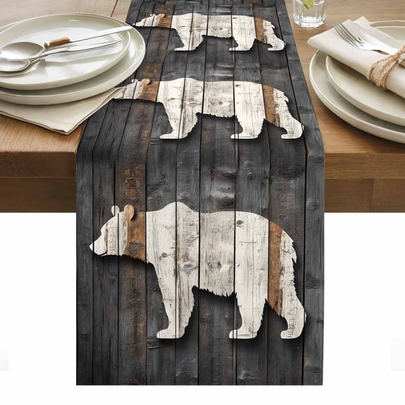 Impressionist Style Table Runner 13 x 36 Inch, Animal Silhouette Brown Bear Washable Cotton Linen Dining Table Runner Tabletop Decorations for Restaurant Home Kitchen Party