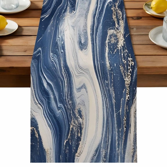 Impressionist Style Table Runner, Gray Blue Swirling Line Cotton Linen Table Cloth, Tablerunner for Kitchen Dining Party Wedding Home Decor 13x36 Inch