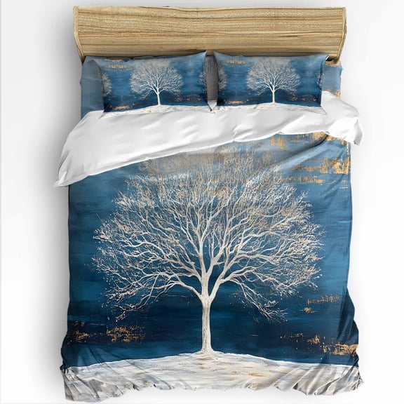 Impressionist Style Twin Size Comforter Set, Spring Oil Painting Tree Soft Bedding for All Seasons, 4 Pcs Bed Set with 1 Comforter (68"x86") ,1Sheet(66"x116"), 2 Pillowcases (19"x29")