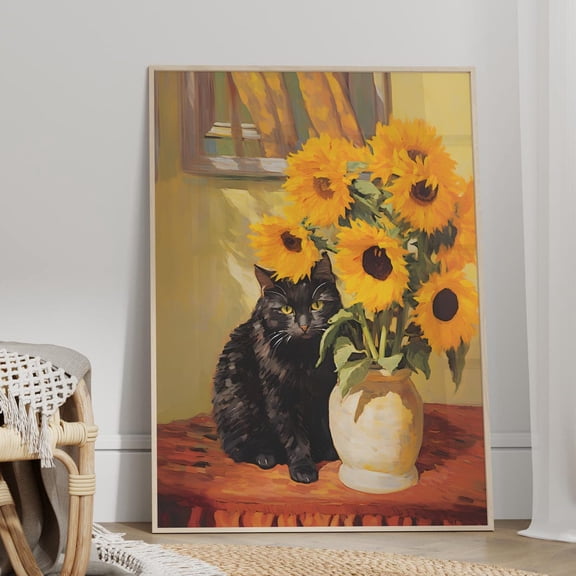 Impressionist Sunflowers Black Cat Wall Art, Vintage Floral Cat Decor, Unframed Paper Print Size 8x12