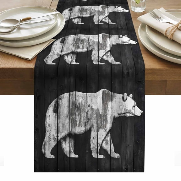 Impressionist Theme Table Runner 13 x 108 Inch, Retro White Bear Wood Texture Washable Cotton Linen Dining Table Runner Tabletop Decorations for Restaurant Home Kitchen Party