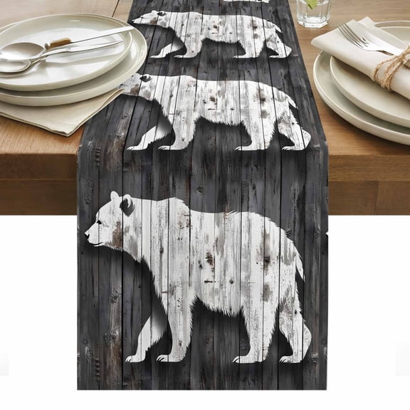 Impressionist Theme Table Runner 18 x 72 Inch, Retro White Bear Wood Grain Washable Cotton Linen Dining Table Runner Tabletop Decorations for Restaurant Home Kitchen Party