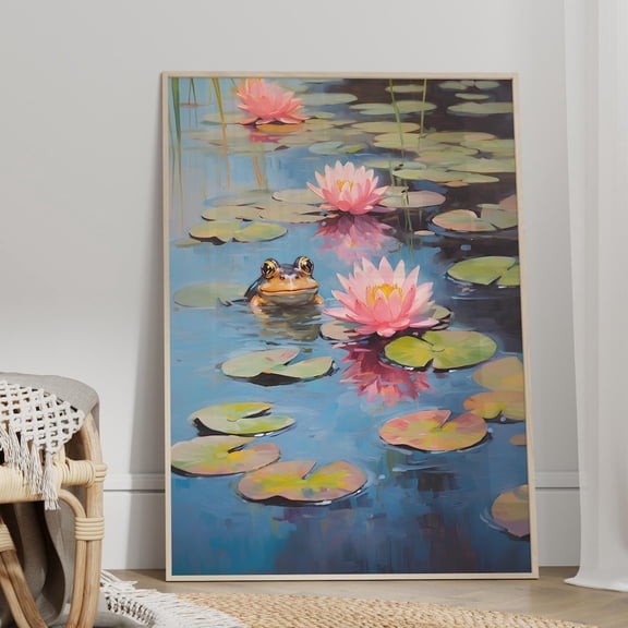 Impressionist Waterlily Frog Wall Art, Floral Amphibian Decor, Unframed Paper Print Size 8x12