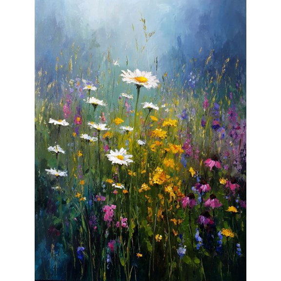 Impressionist Wildflower Meadow Daisy Canvas Print, Suitable for Living Room, Bedroom, Kitchen, Dining Room, Office, Hallway, Entryway