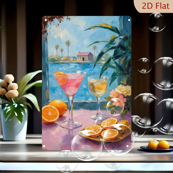 Impressionist Window View with Cocktails and Roses, Coastal Landscape Painting, 8x12 Inch Metal Wall Art, Pink Drinks Citrus Fruit Palm Trees Beach House Decor