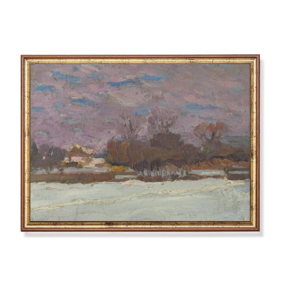 Impressionist Winter Landscape Poster Lavender Sky, Vintage Cottage Decor Unframed Paper Print