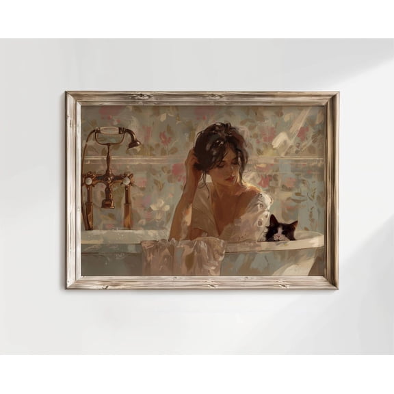 Impressionist Woman and Cat Bathroom Poster, Romantic Bath Art, Cat Lover , Floral Bathroom Decor,, Unframed Poster Size 8x12 F03.1.18l15
