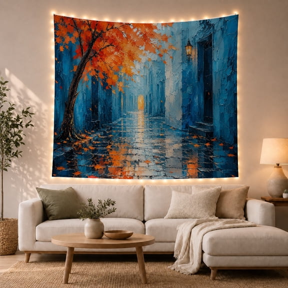 Impressionistic Painting Narrow With Cobblestone Street Alleyway, Mystical Fantasy for Space Lovers, Wall Decor, Mother's Day Gift, Tapestry Wall Hanging for Dorm and Living Room