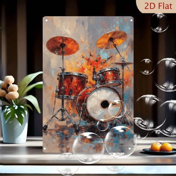 Impressionistic Red Drum Kit Wall Art, 8x12 Inches Metal Print with Abstract Fire Background and Reflection, Energetic Modern Music Decor for Living Room or Studio